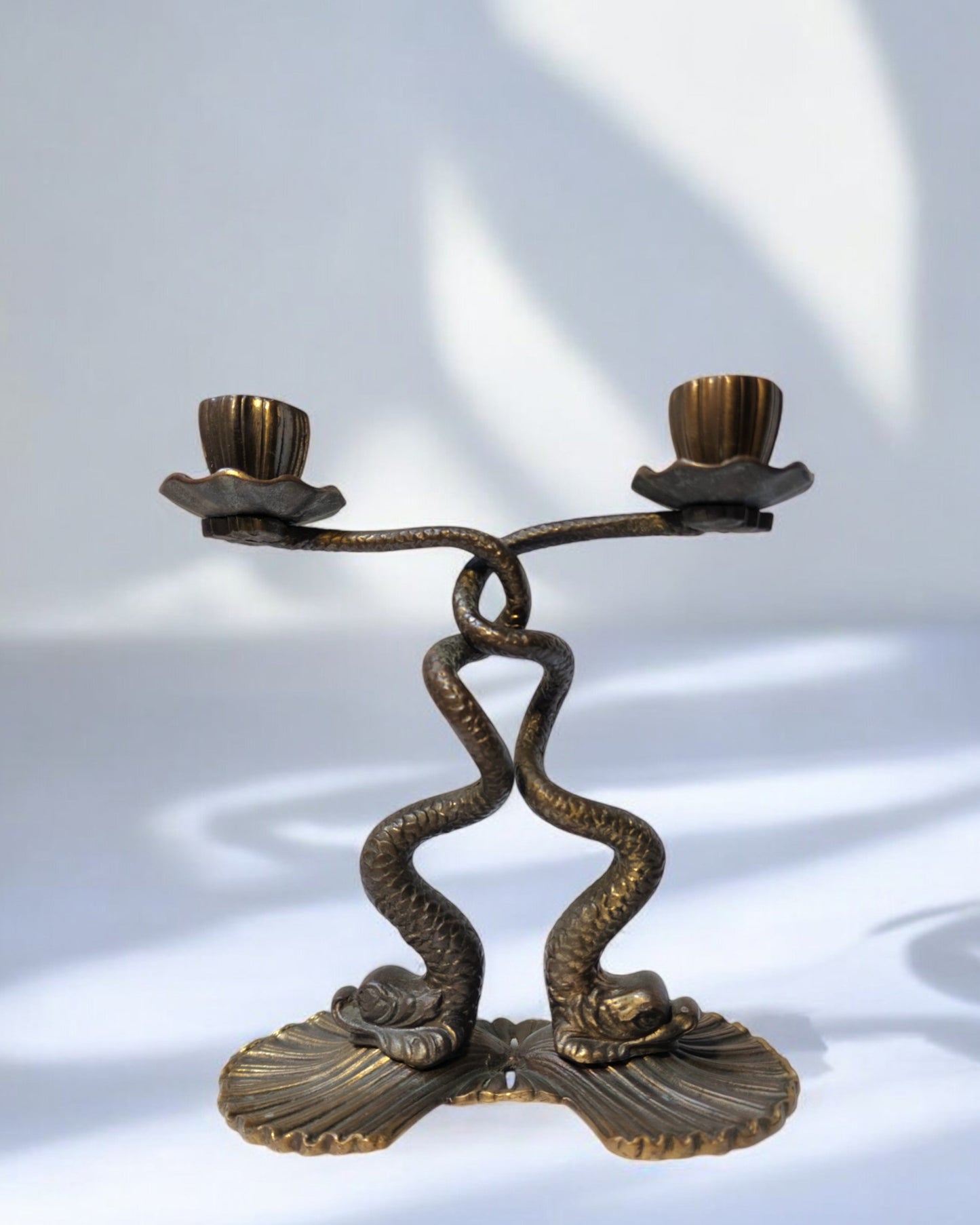 Antique 1930s Bronze Neoclassical Sea Serpent Candleholder