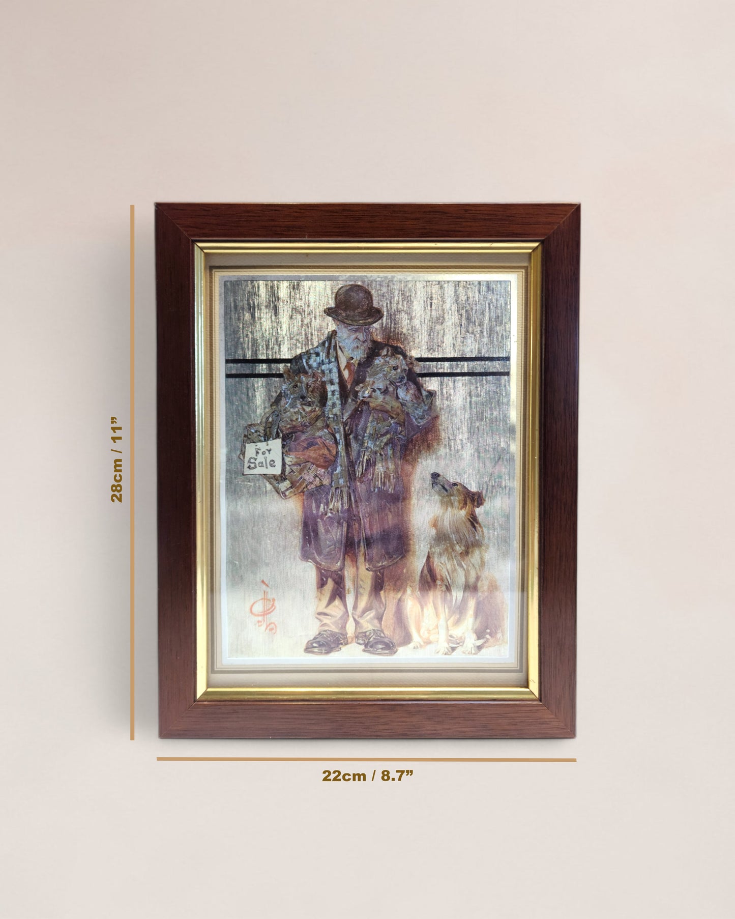 Vintage Dufex Gold Foil Framed Art – “Old Man with Dogs” by F.J. Warren, Hitchin Herts