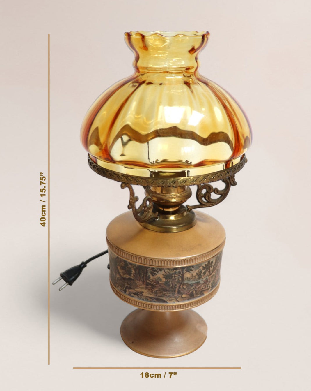 1960s Decoro Giotto Vintage Italian Table Lamp featuring a hunting scene, amber glass shade, and brass details.