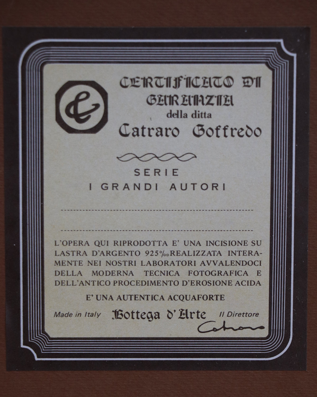Bottega D'Arte Miniature Engraved Framed Art by Catraro Goffredo in 925 Silver
