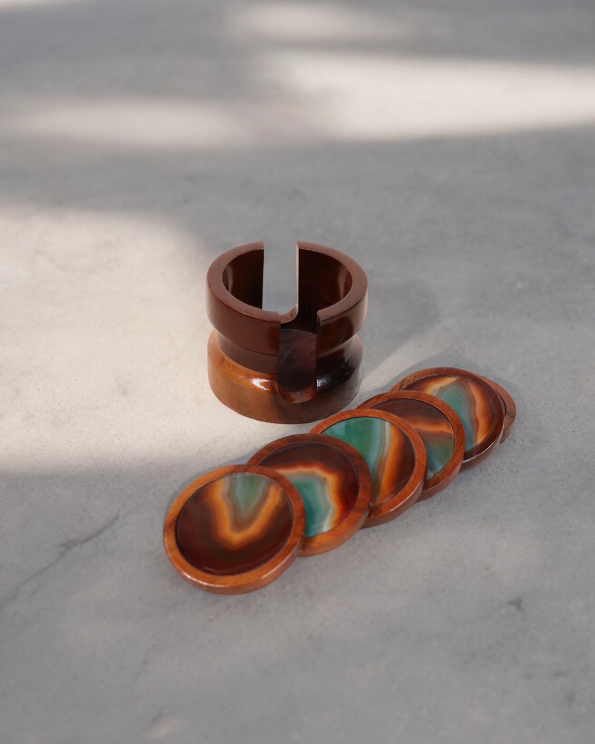 Wood and Brazilian Agate Stone Vintage Drink Coasters, Set of 6