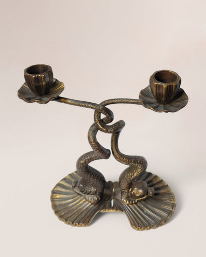 Antique 1930s Bronze Neoclassical Sea Serpent Candleholder