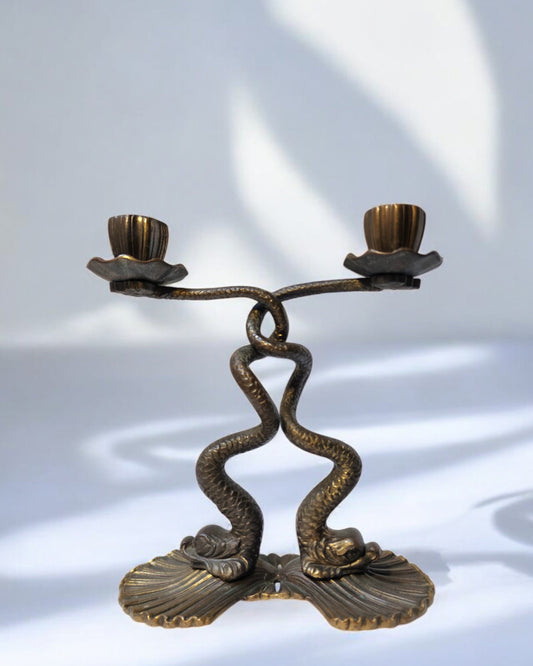 Antique 1930s Bronze Neoclassical Sea Serpent Candleholder