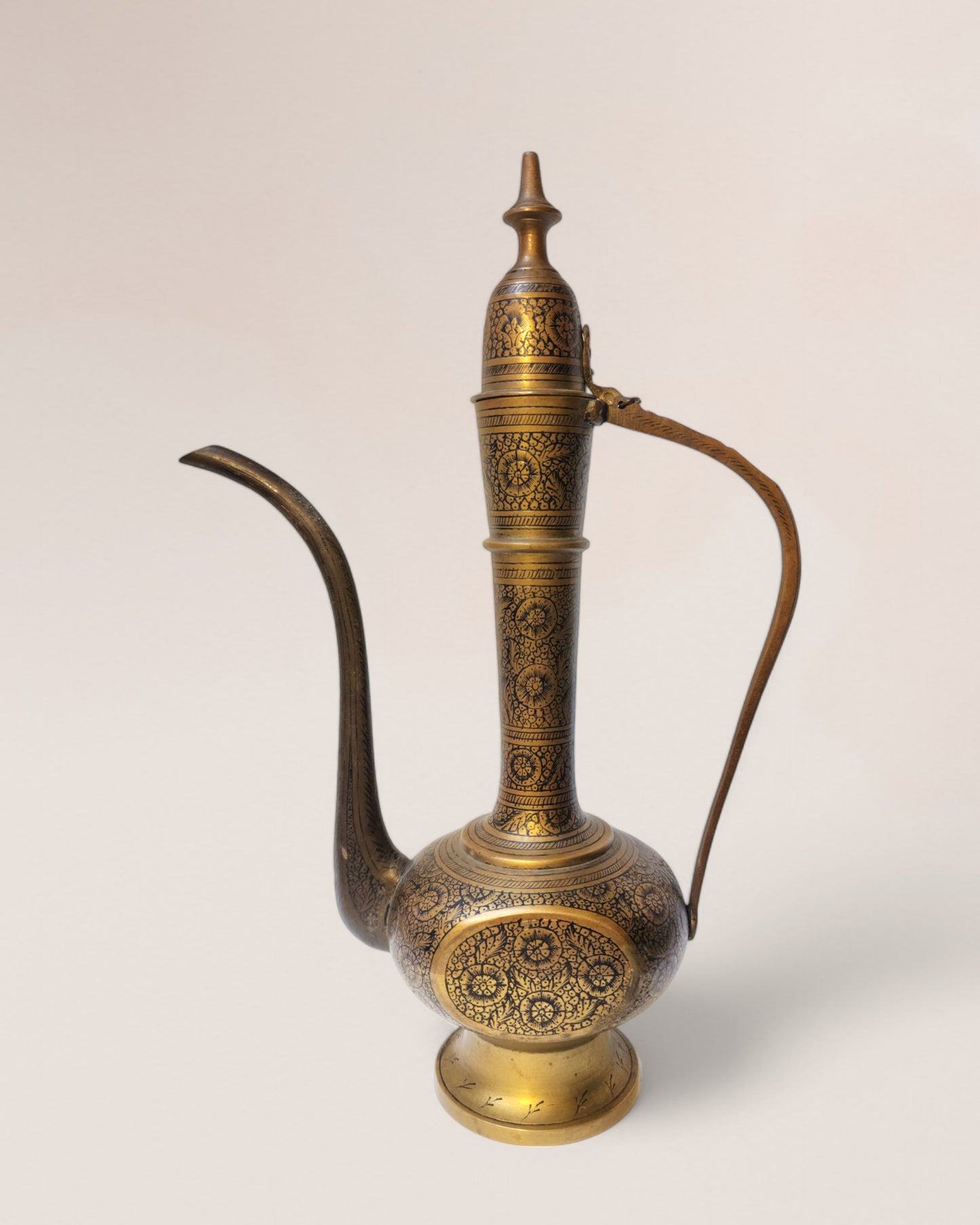 Vintage Mid-20th Century Indian Handmade Brass Aftaba & Etched Vase