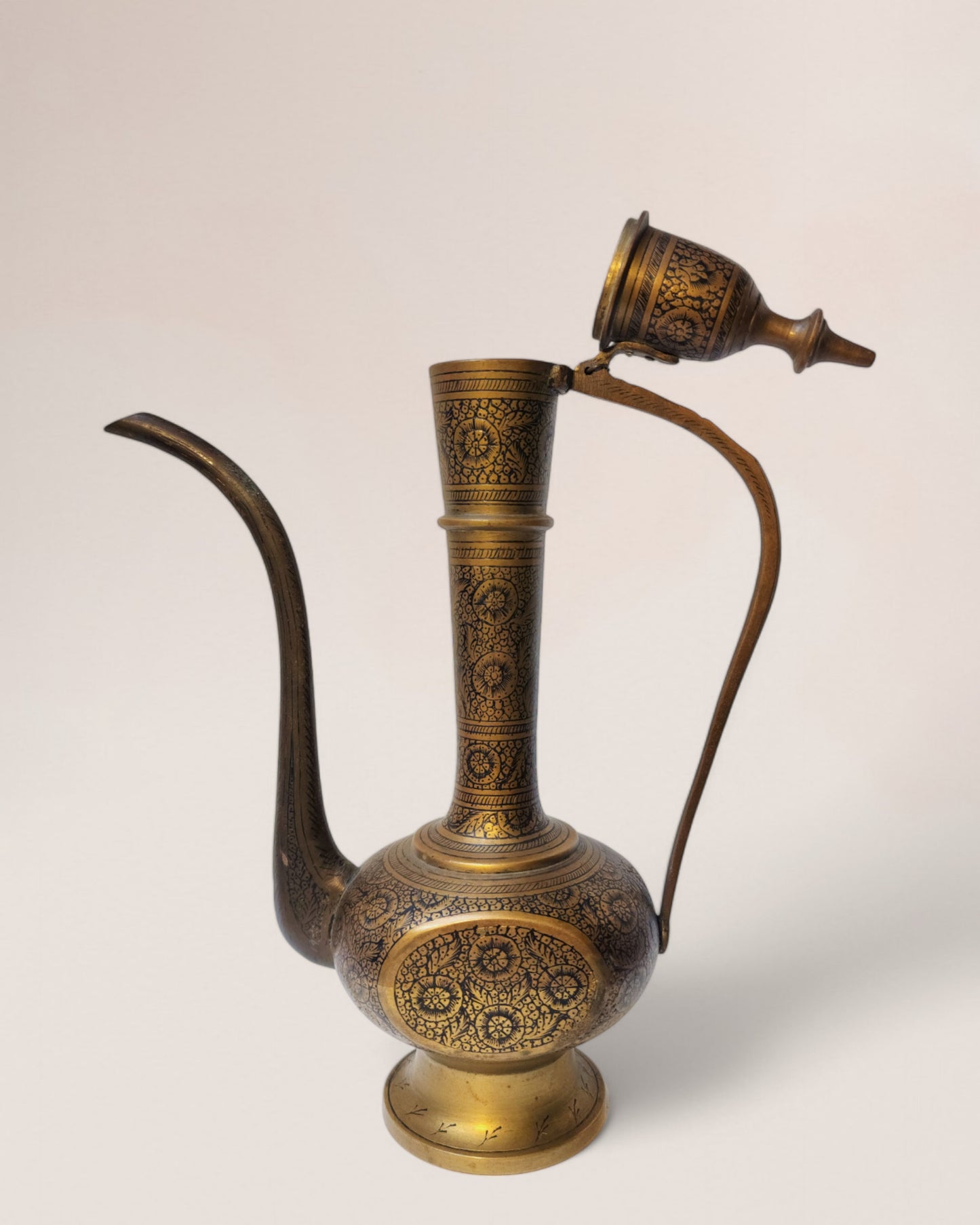 Vintage Mid-20th Century Indian Handmade Brass Aftaba & Etched Vase