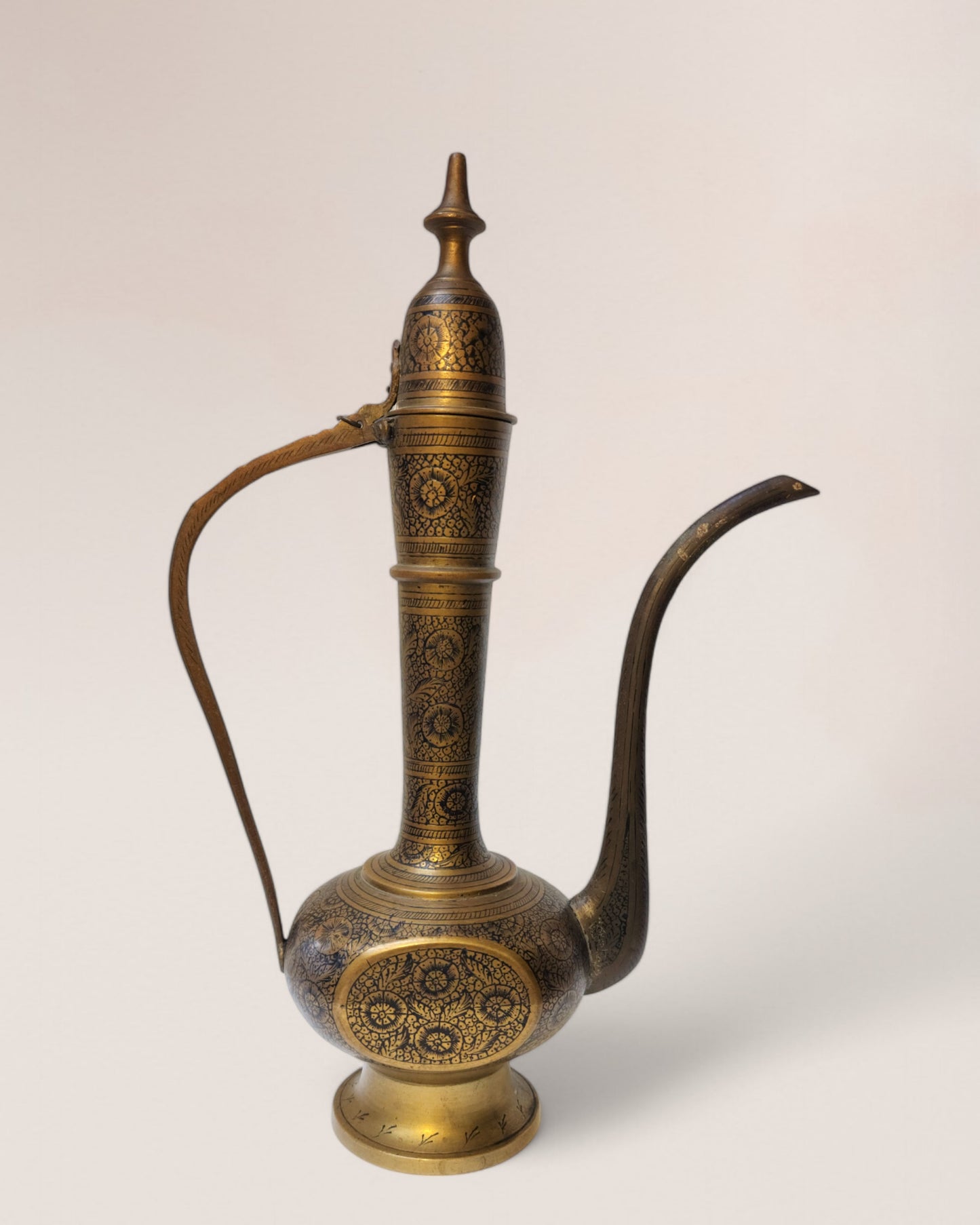 Vintage Mid-20th Century Indian Handmade Brass Aftaba & Etched Vase