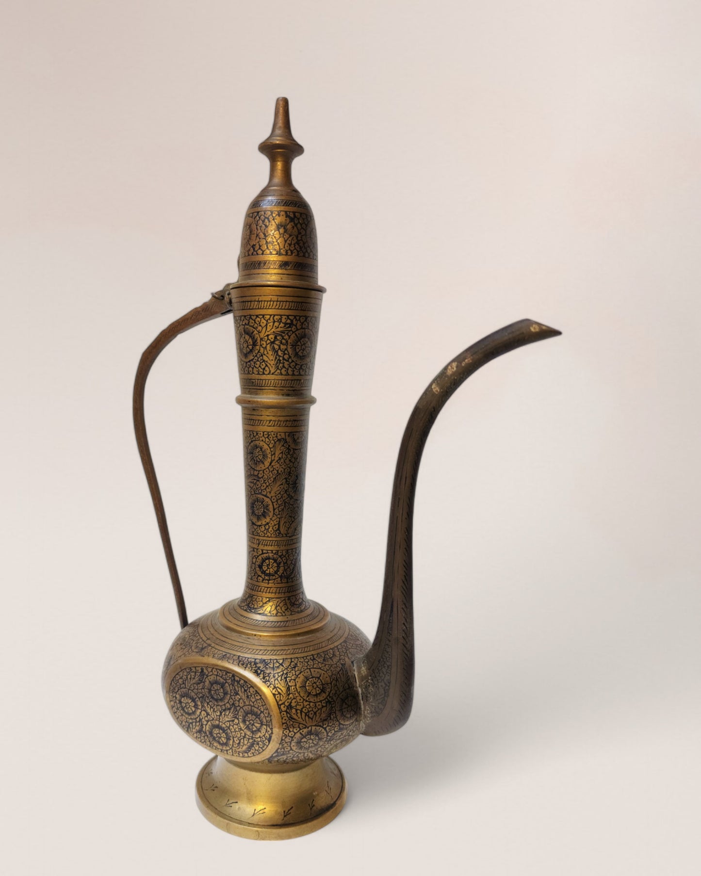 Vintage Mid-20th Century Indian Handmade Brass Aftaba & Etched Vase