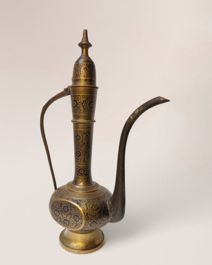 Vintage Mid-20th Century Indian Handmade Brass Aftaba & Etched Vase