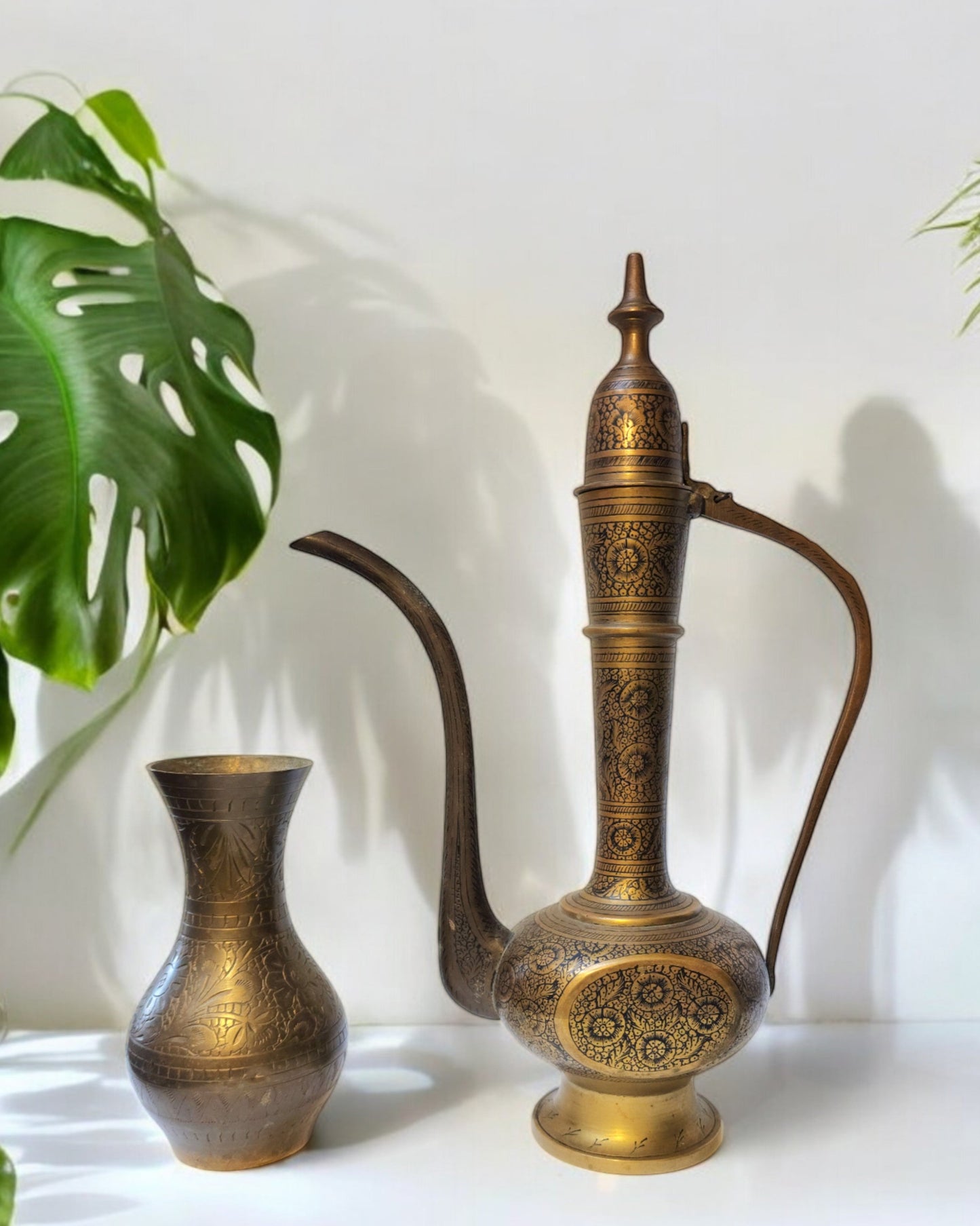 Vintage Mid-20th Century Indian Handmade Brass Aftaba & Etched Vase