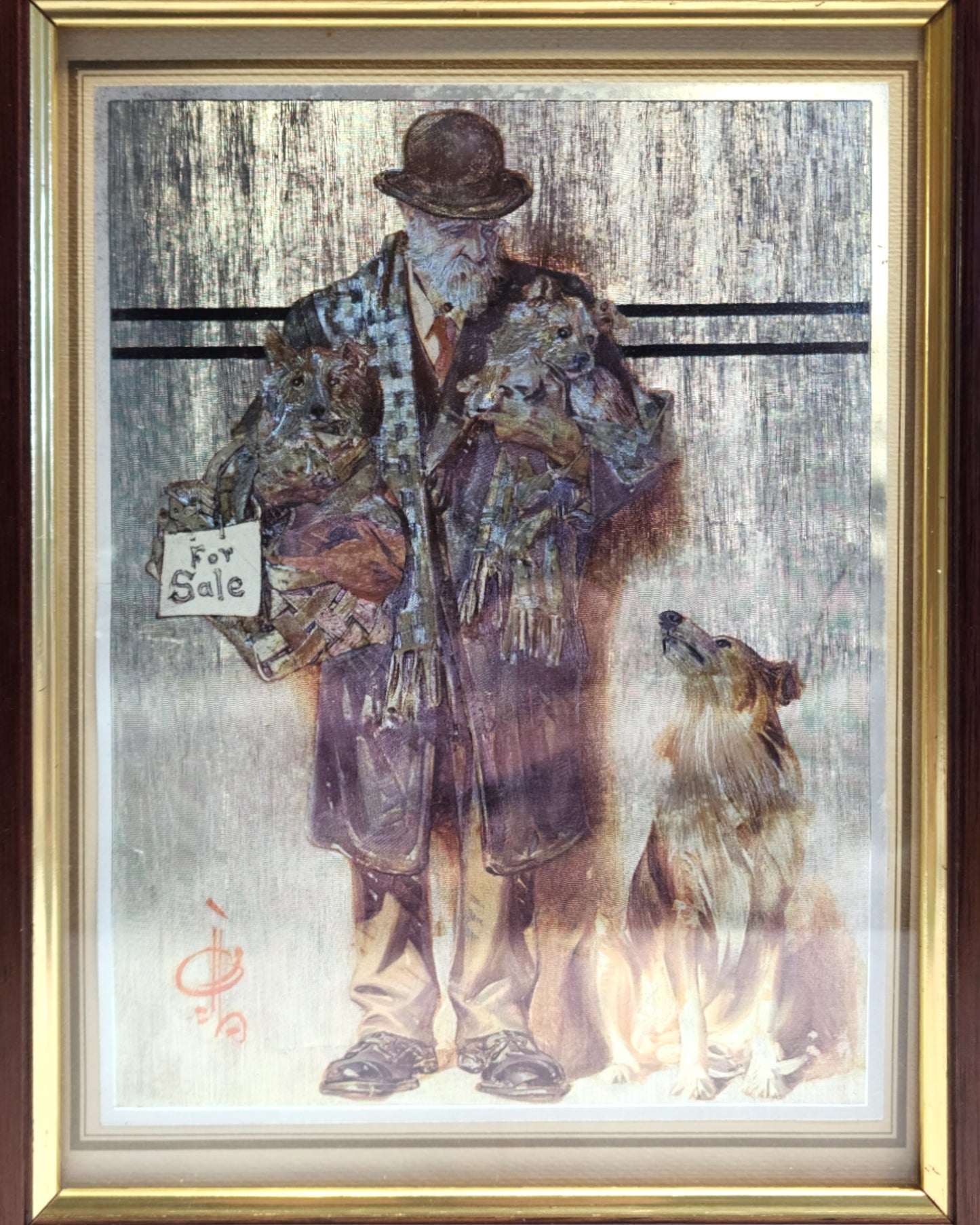 Vintage Dufex Gold Foil Framed Art – “Old Man with Dogs” by F.J. Warren, Hitchin Herts