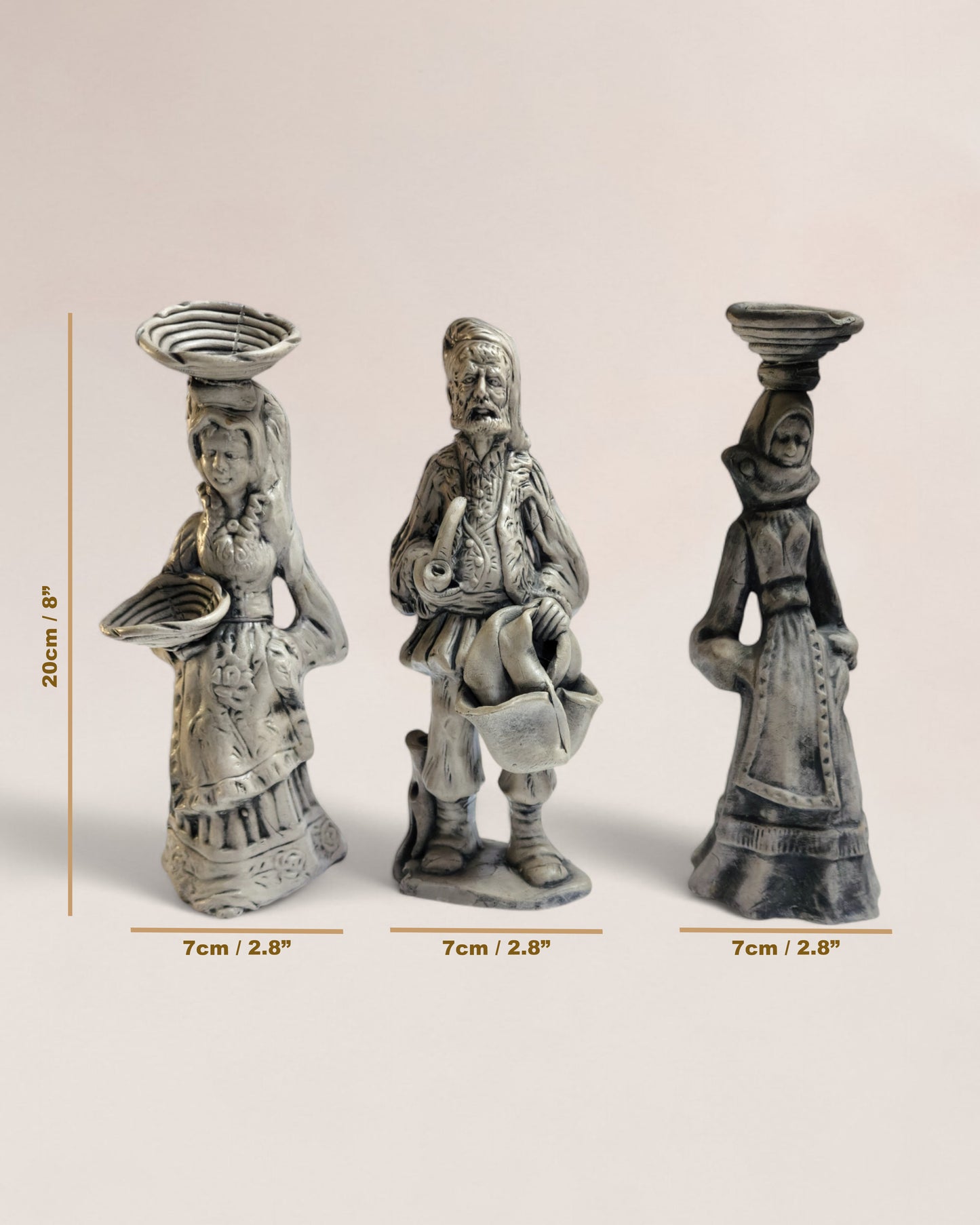 Set of 3 Vintage 1950s Romanian Chalkware Villagers Figurines