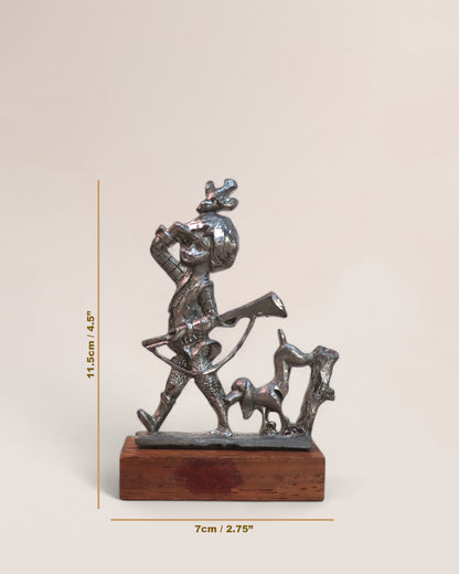 Vintage Pewter Figurine of Boy with Dog on Wood Stand