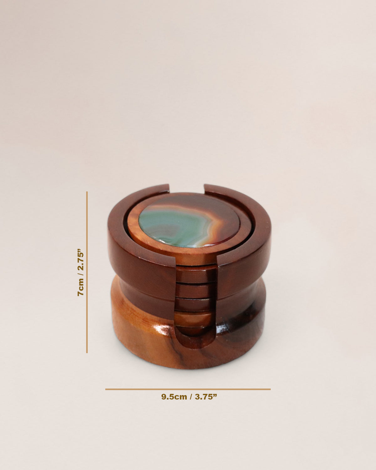 Wood and Brazilian Agate Stone Vintage Drink Coasters, Set of 6