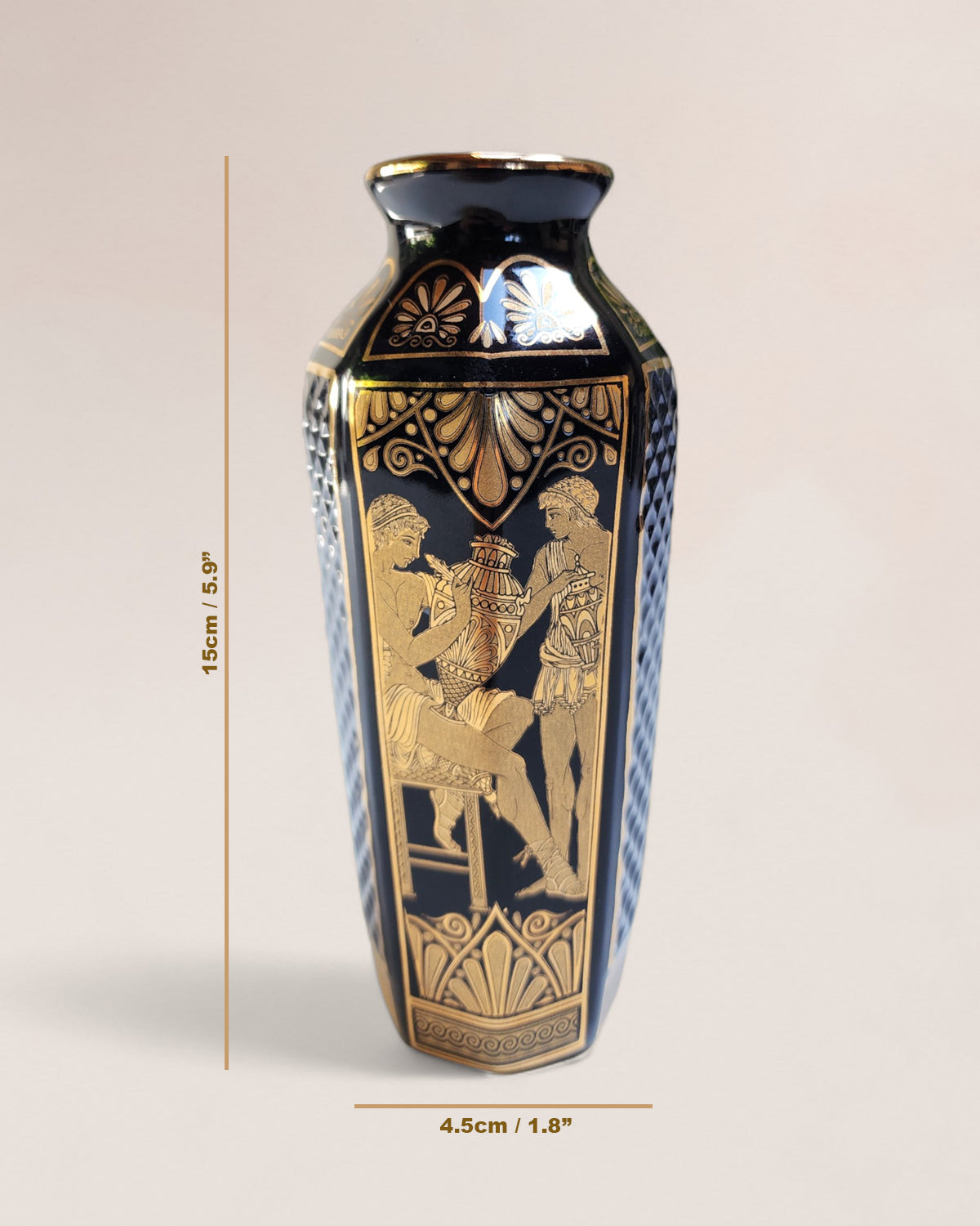 Vintage Dark Blue Greek Mini Vase with 24-Carat Gold Decoration
