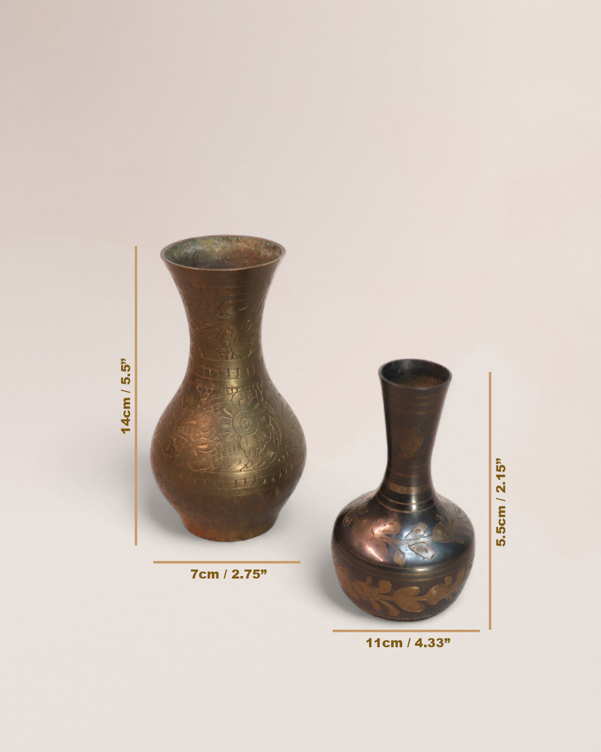 Pair of Vintage Indian Engraved Brass Leaf Mini Vases