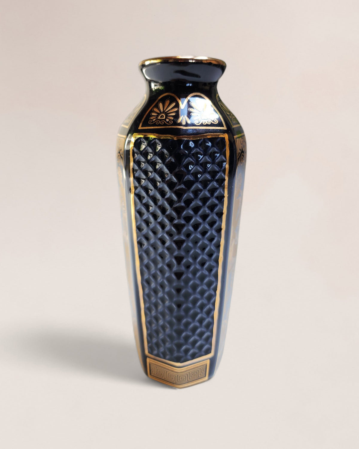 Vintage Dark Blue Greek Mini Vase with 24-Carat Gold Decoration