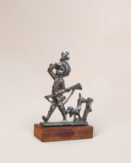 Vintage Pewter Figurine of Boy with Dog on Wood Stand