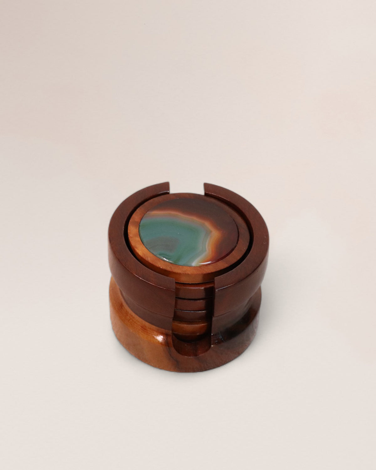 Wood and Brazilian Agate Stone Vintage Drink Coasters, Set of 6