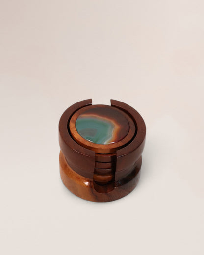 Wood and Brazilian Agate Stone Vintage Drink Coasters, Set of 6