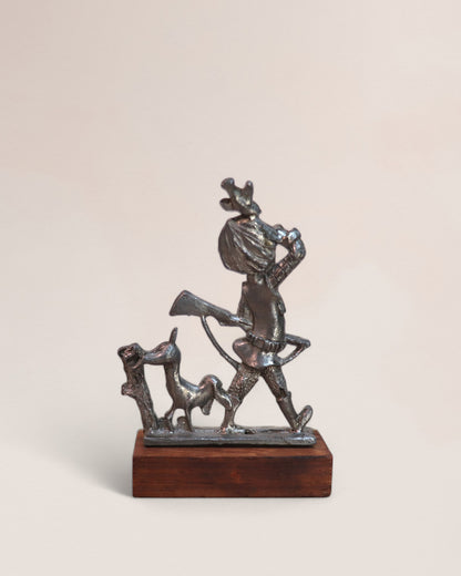 Vintage Pewter Figurine of Boy with Dog on Wood Stand