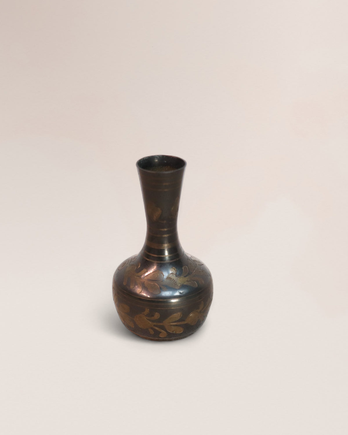 Pair of Vintage Indian Engraved Brass Leaf Mini Vases
