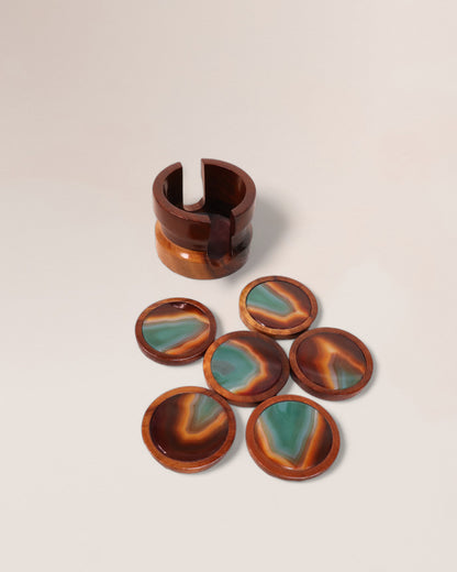 Wood and Brazilian Agate Stone Vintage Drink Coasters, Set of 6