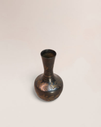 Pair of Vintage Indian Engraved Brass Leaf Mini Vases