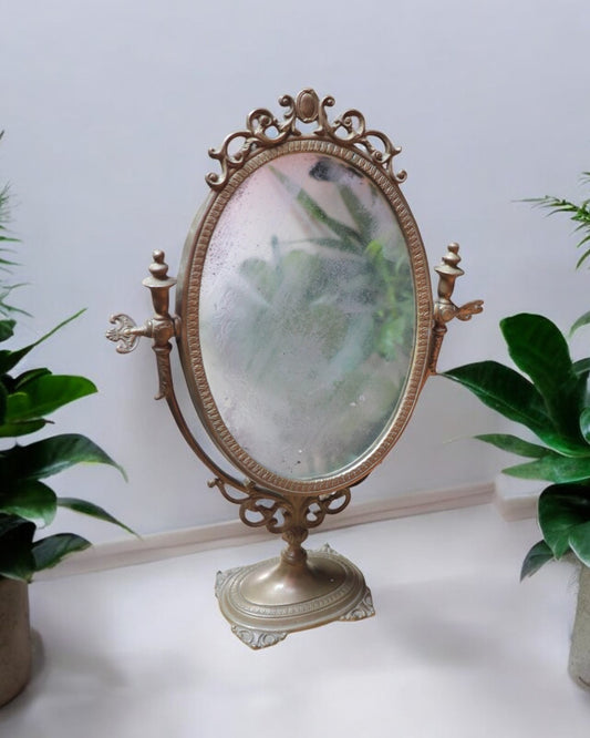 Early 1900s Vintage Ornate Brass Swinging Pedestal Vanity Mirror